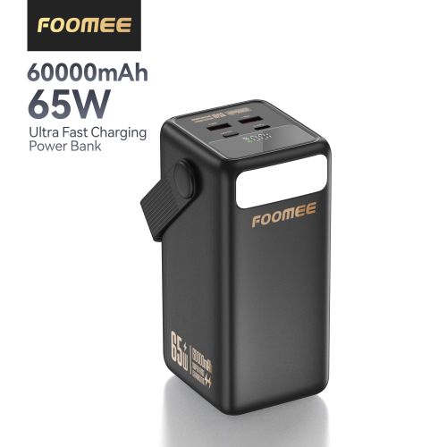 FOOMEE AA65 60000mAh 65w Type-C Fast Charging Power Bank with Flashlight, Digital Display and Built-in Strap, For Laptop, Phone