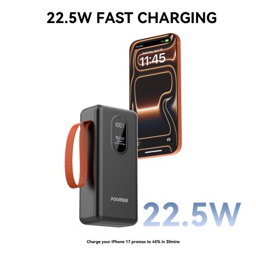 FOOMEE AF32 30000mAh 22.5w Fast Charging Power Bank with Flashlight, Type-C, Built-in Strap