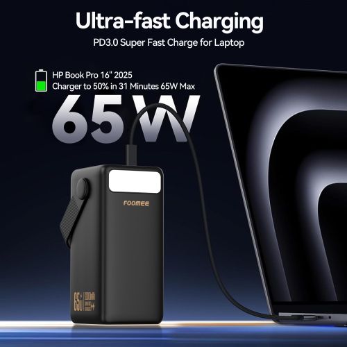 FOOMEE AA65 60000mAh 65w Type-C Fast Charging Power Bank with Flashlight, Digital Display and Built-in Strap, For Laptop, Phone